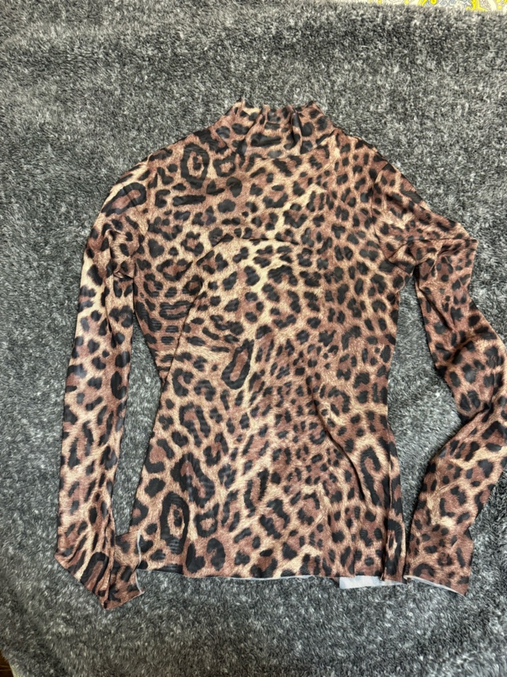 Leopard Print Mock Neck Mesh Long Sleeve Top